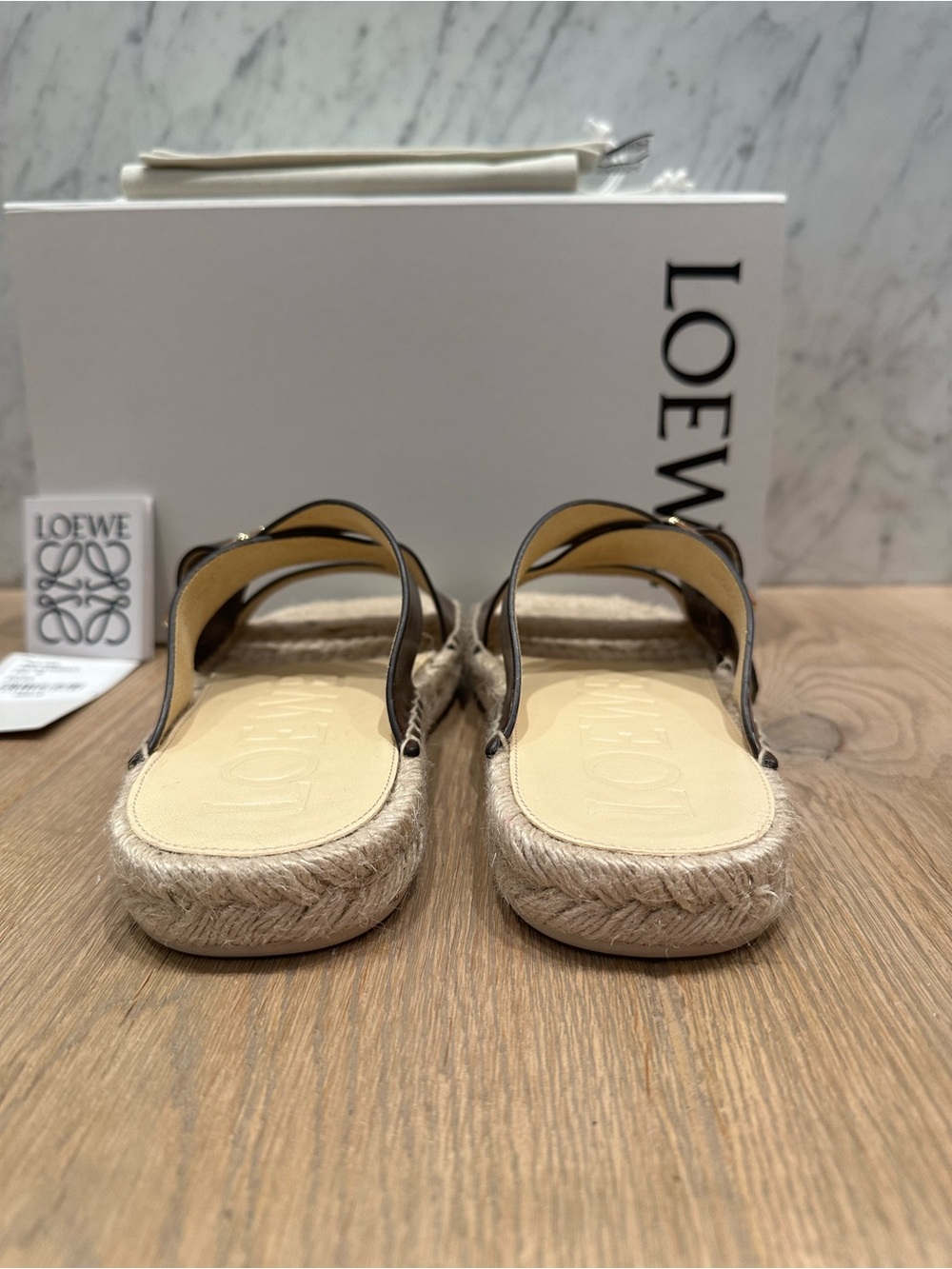 Loewe Petal Brown Espadrille Leather Buckle Slides - Picture 6 of 13